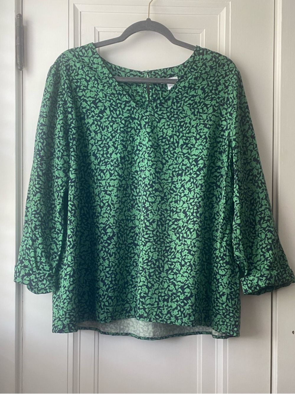 J Jill navy green floral 3/4 sleeve blouse top shirt L